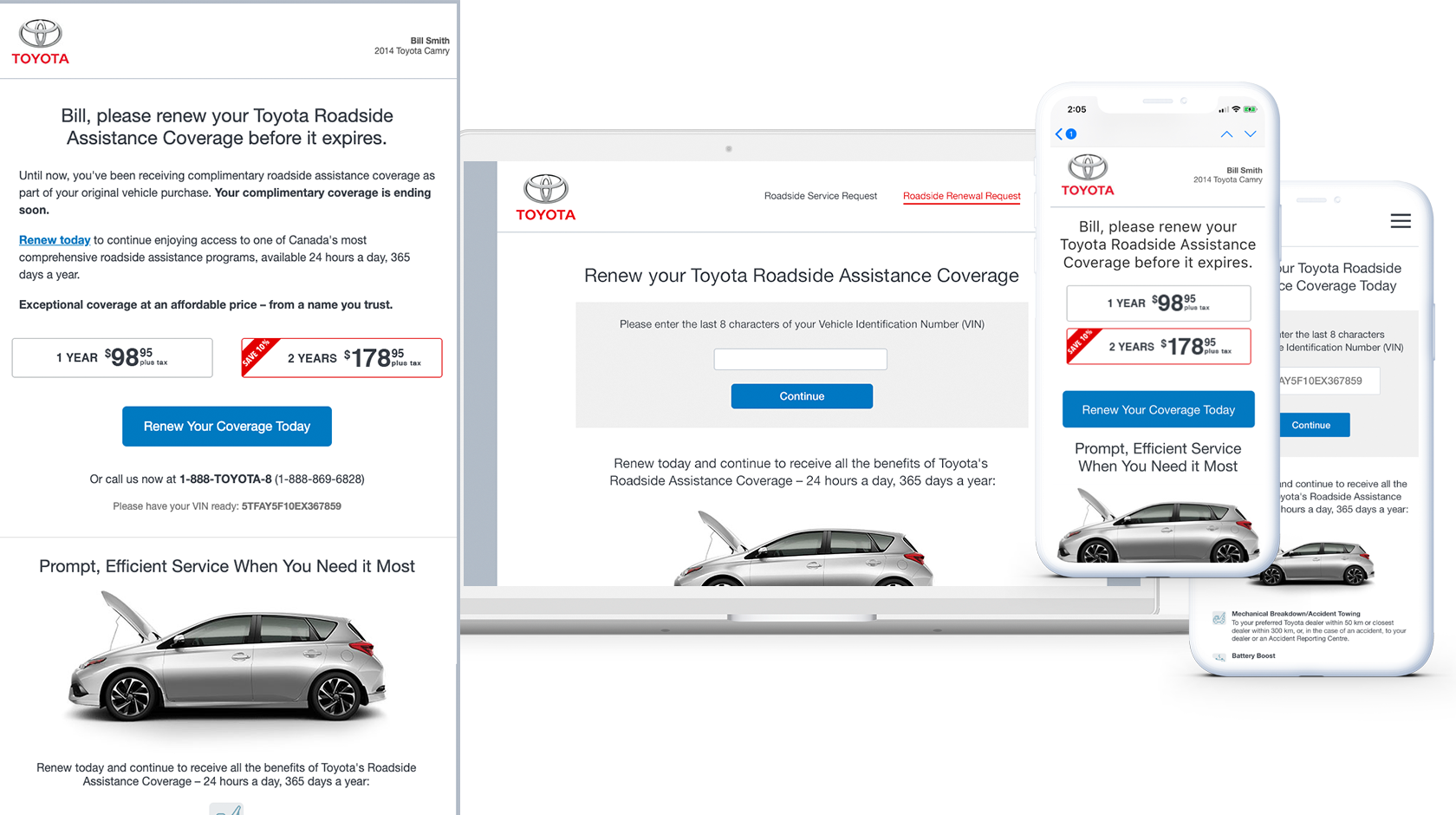 Toyota Roadside Assistance Renewal Email screens