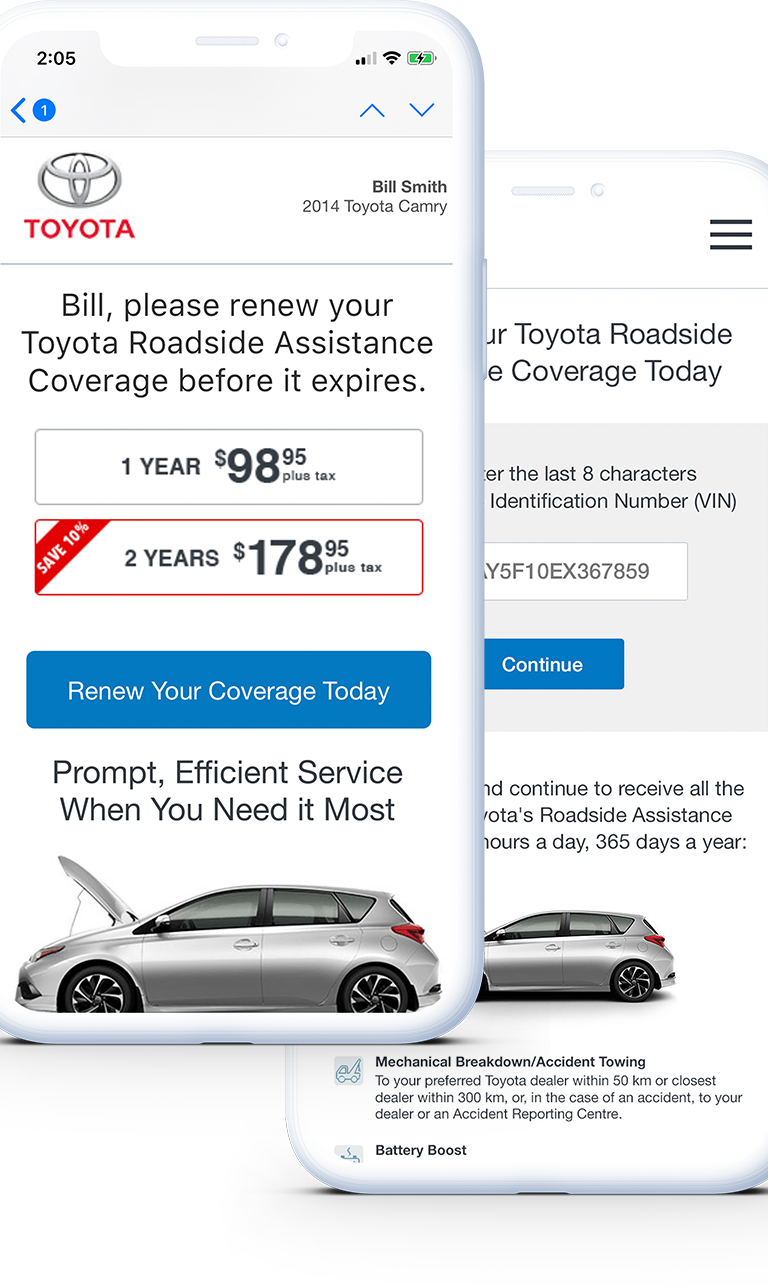 Toyota Roadside Assistance Renewal Email screens
