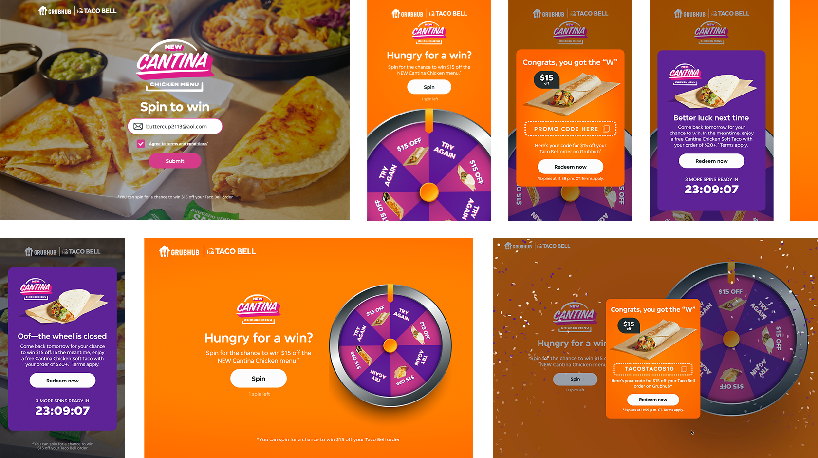 Grubhub + Taco Ball Cantina Chicken Menu 'Spin to Win' website screens