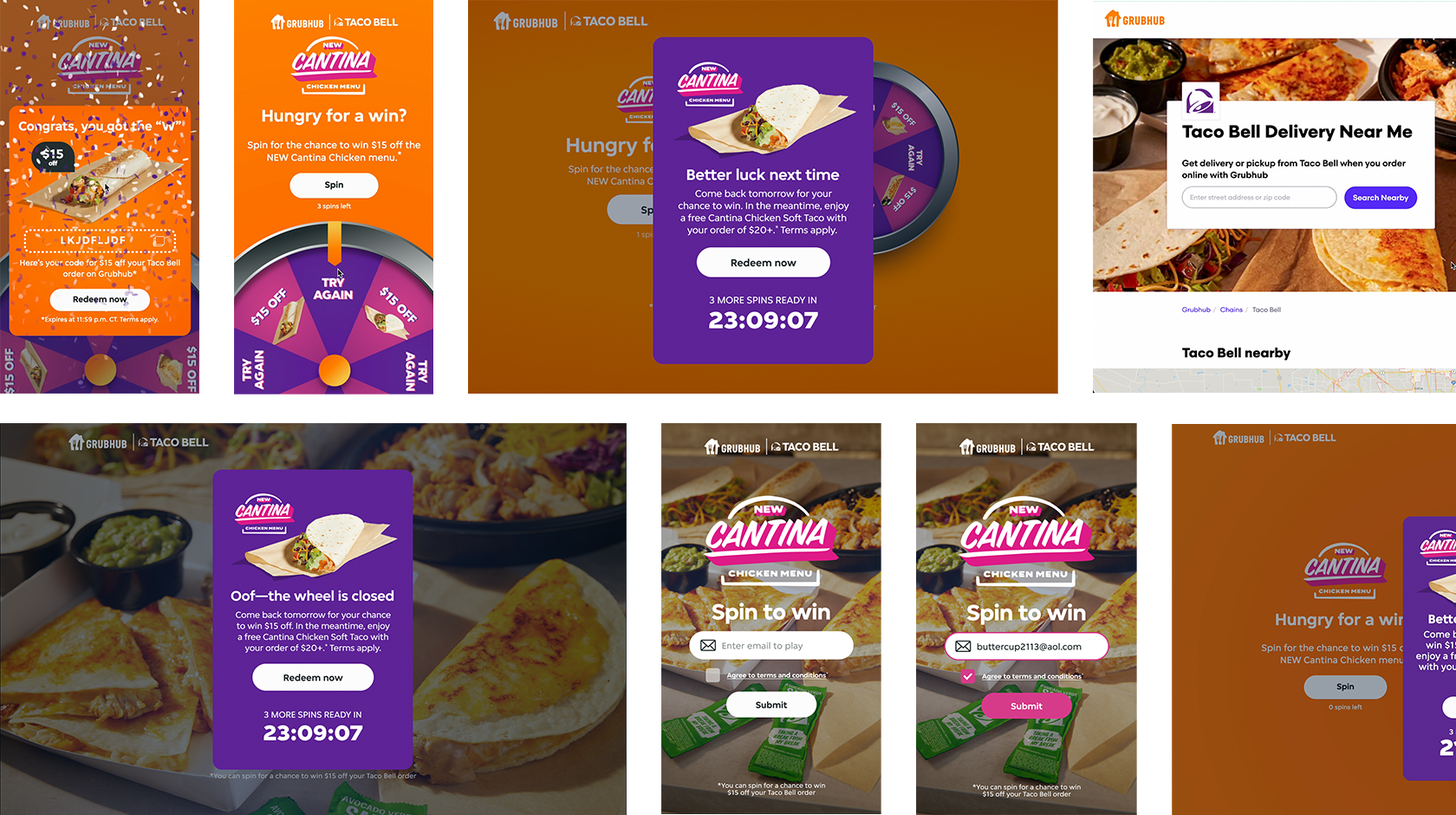 Grubhub + Taco Ball Cantina Chicken Menu 'Spin to Win' website screens