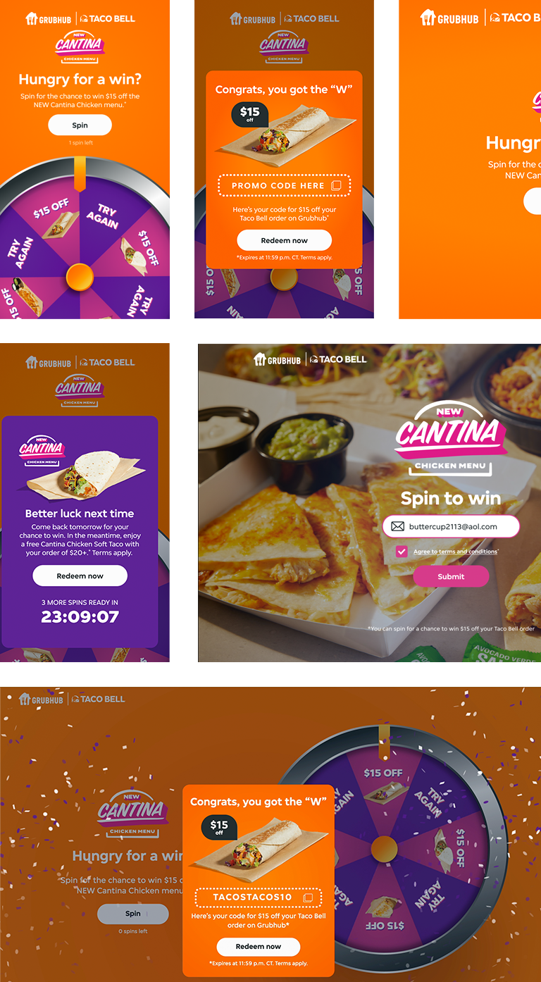 Grubhub + Taco Ball Cantina Chicken Menu 'Spin to Win' website screens