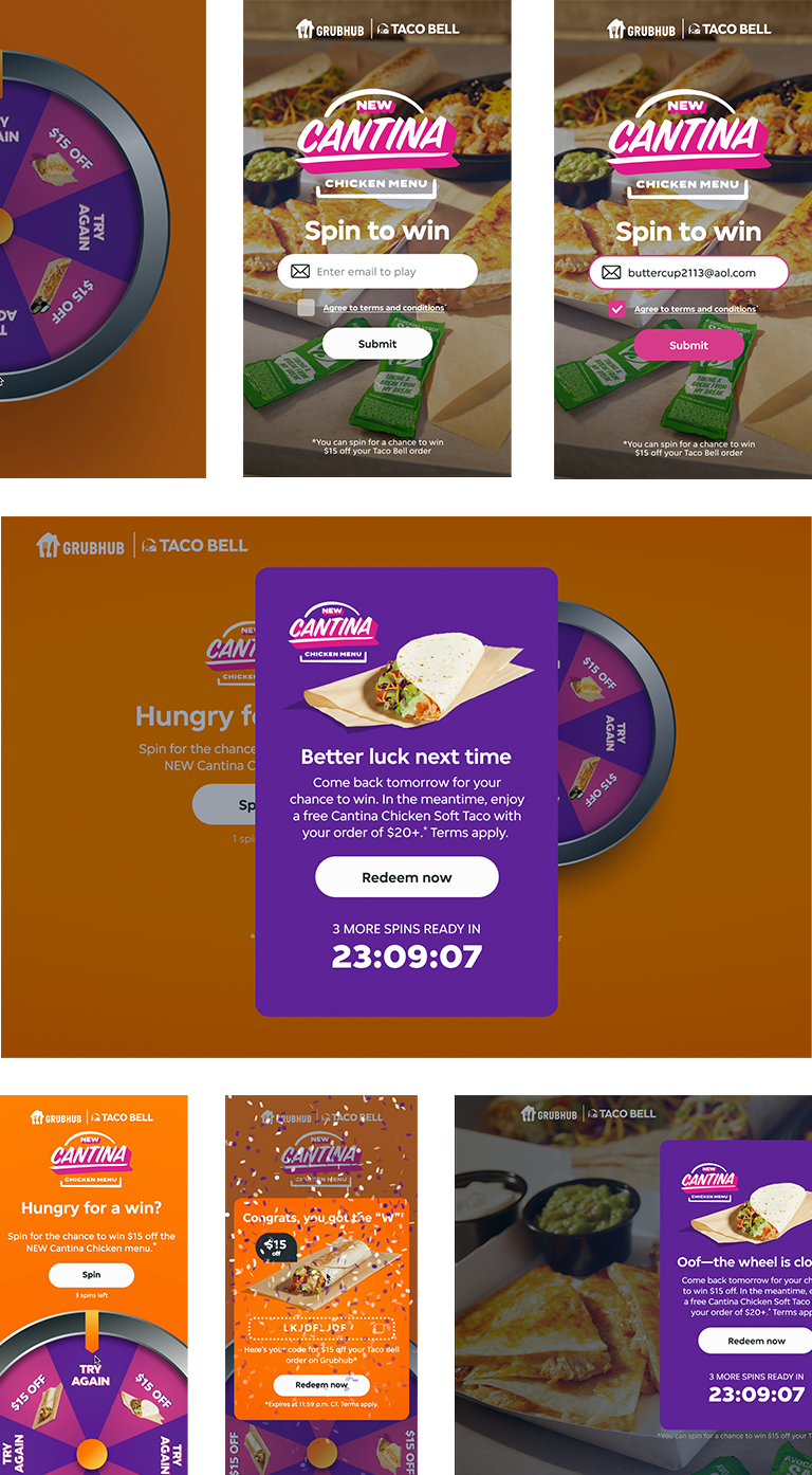 Grubhub + Taco Ball Cantina Chicken Menu 'Spin to Win' website screens